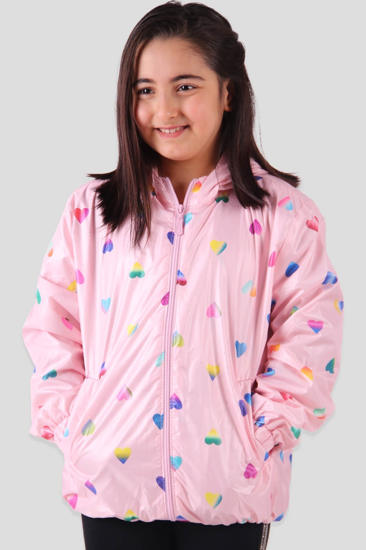 Breeze Kız Çocuk Yağmurluk Kalp Desenli Pudra (9-12 Yaş)
