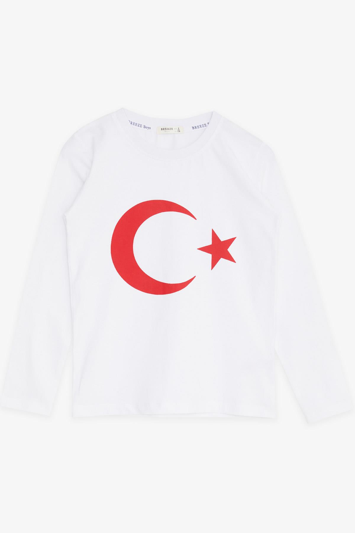 Türk Bayrak Baskılı Kız Çocuk Uzun Kollu Tişört Modeli | Beyaz 5-14 Yaş