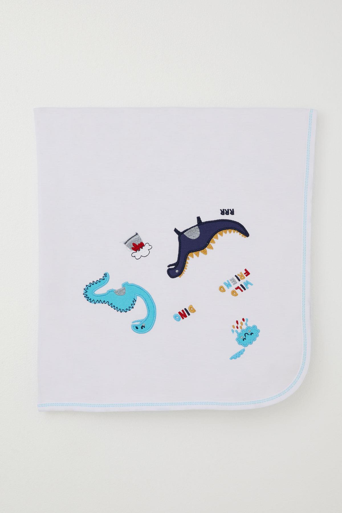 Breeze Yenidoğan Bebek Battaniyesi Dinozor Nakışlı Beyaz (Standart)