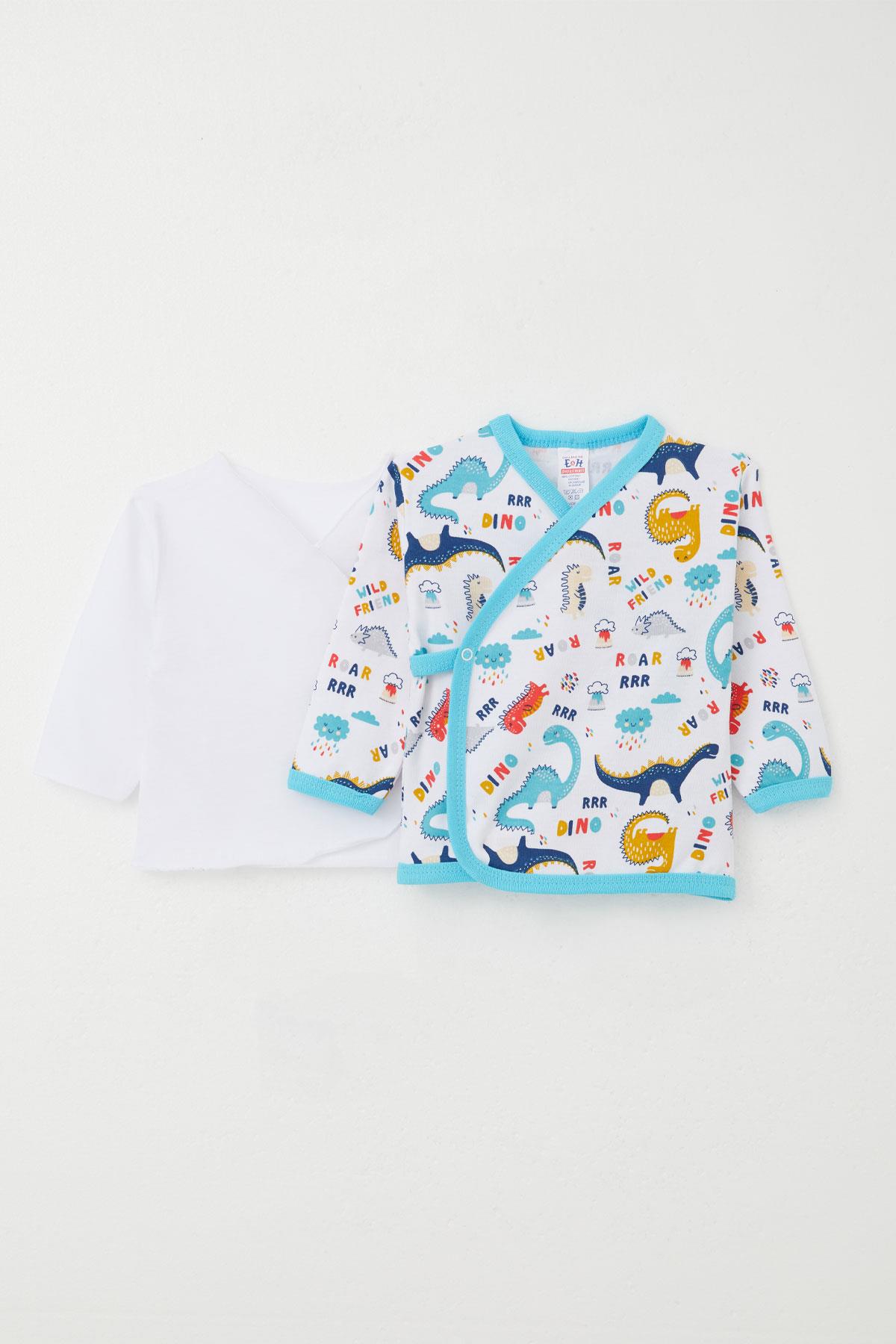 Breeze Yenidoğan Bebek İç Dış Çıtçıtlı 2 li Zıbın Dinozor Desenli Beyaz (0-3 Ay)