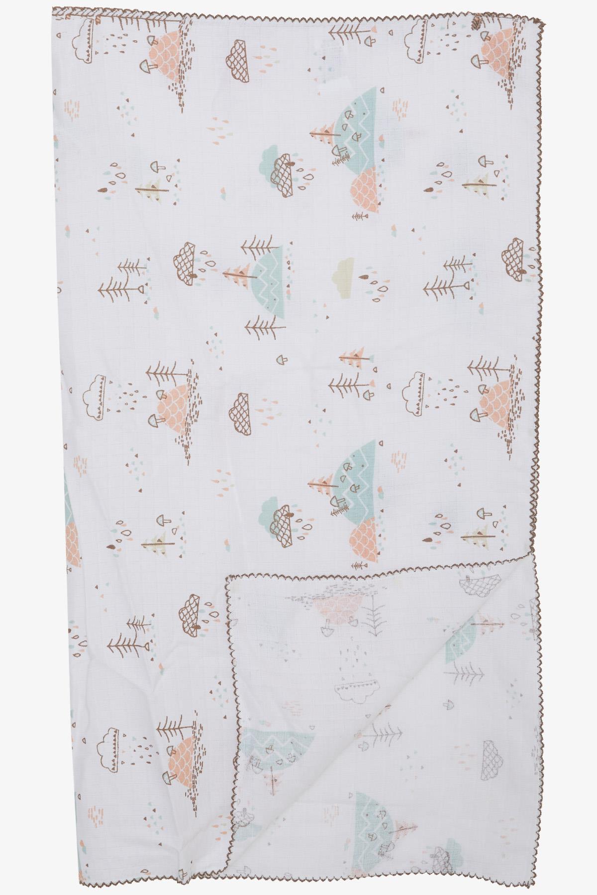 Breeze Yenidoğan Bebek Müslin Battaniye Yağmur Temalı Ağaç Desenli Ekru (Standart)