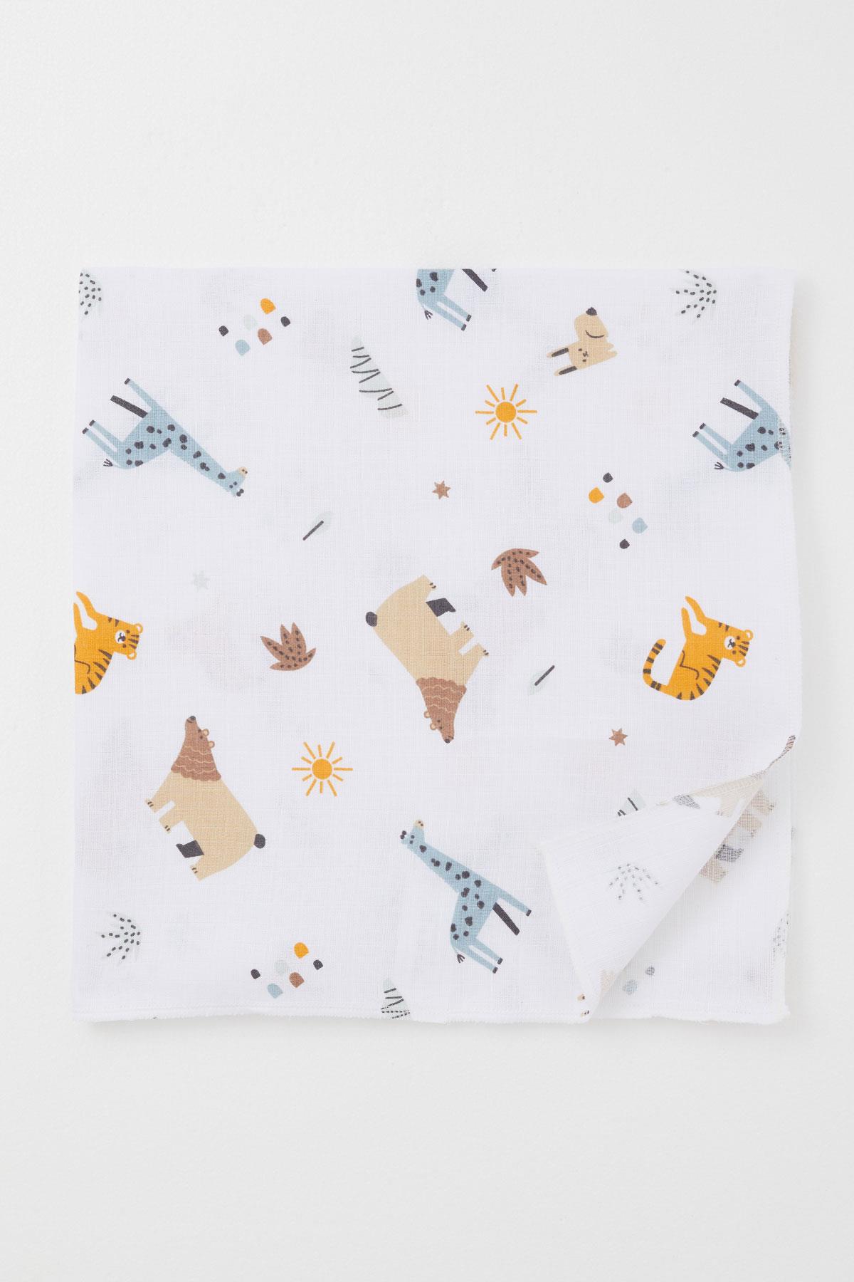 Breeze Yenidoğan Bebek Müslin Battaniye Doğa Temalı Hayvancıklar Desenli Beyaz (Standart)