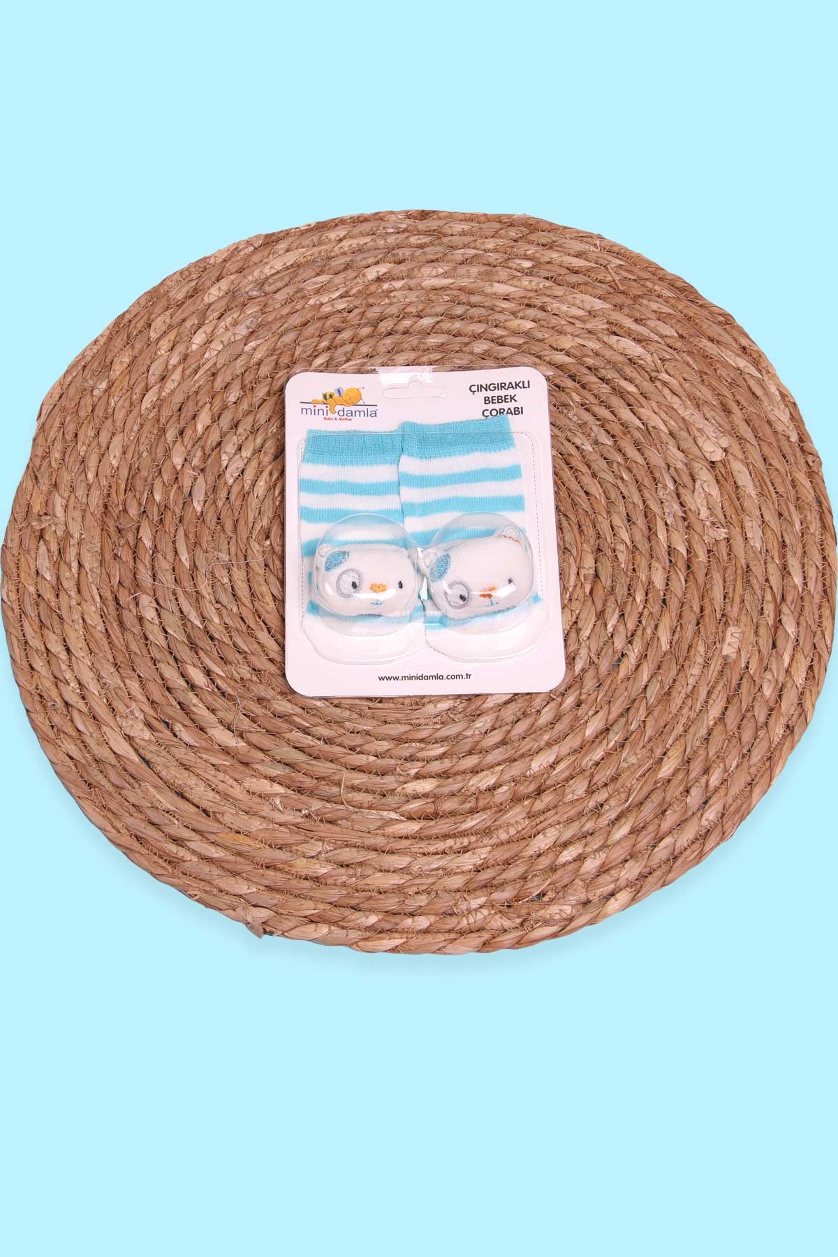 Breeze Yenidoğan Çorap Çıngıraklı Çizgili Hayvancık Aksesuarlı Turkuaz