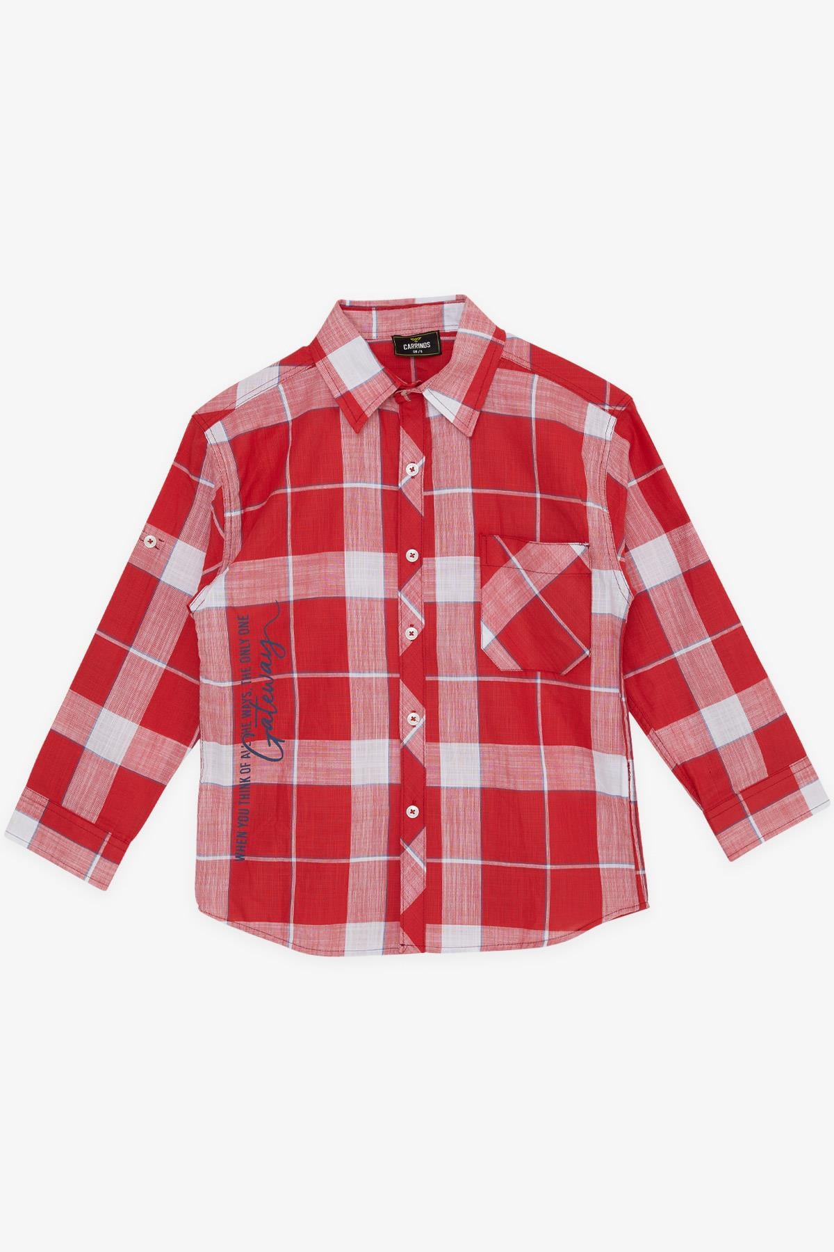 CARRINOS Erkek Çocuk Gömlek Ekose Desenli Yazı Baskılı Kırmızı (5-8 Yaş)