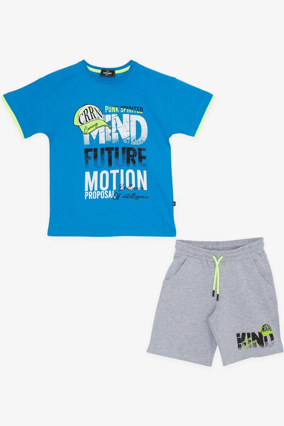 CARRINOS Erkek Çocuk Şortlu Takım Şapka Baskılı Slogan Temalı Mavi (5-8 Yaş)