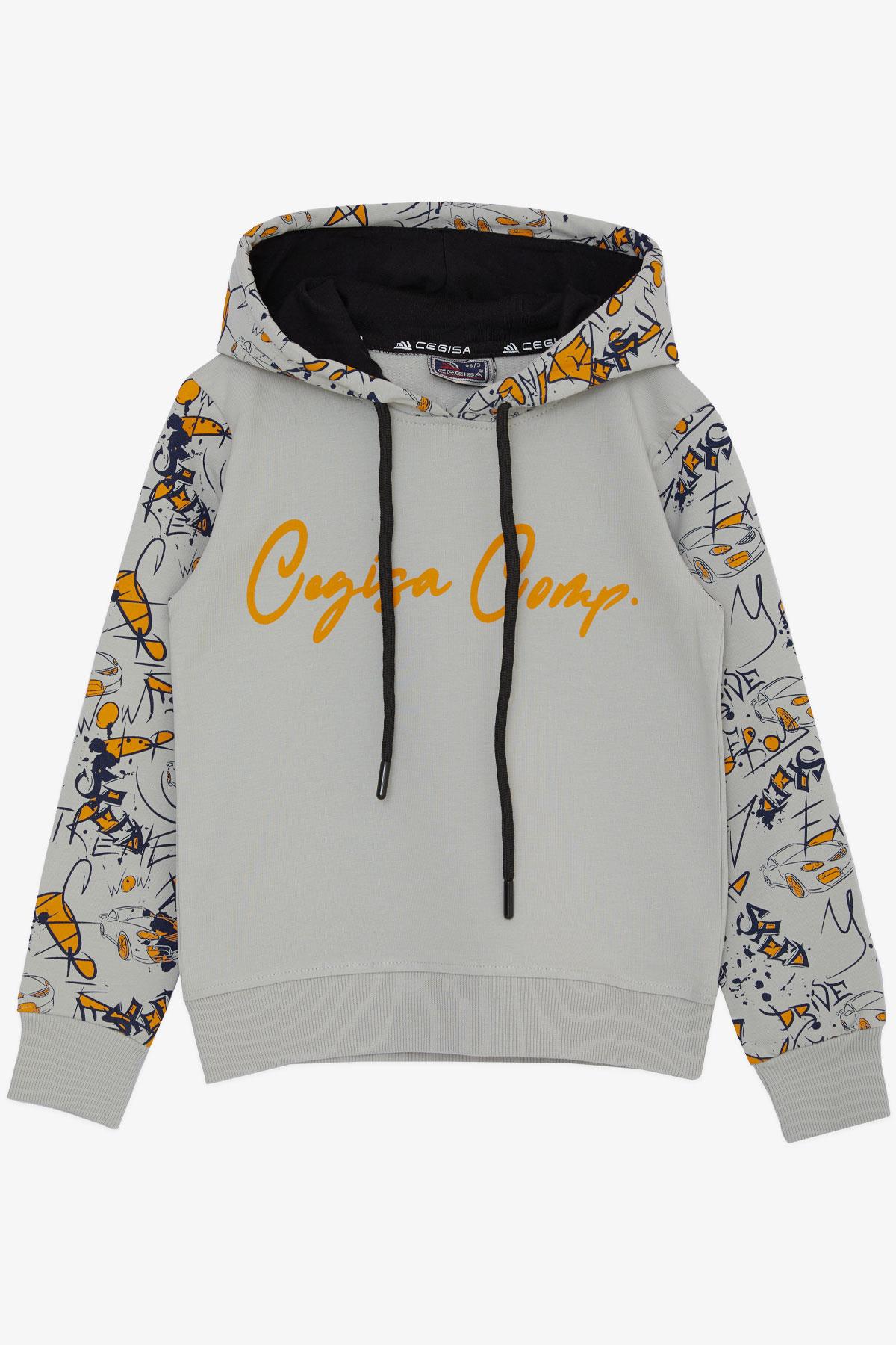 Cegisa Erkek Çocuk Sweatshirt Kolları Kapüşonu Desenli Bağcıklı Yazı Baskılı Açık Gri (2-5 Yaş)