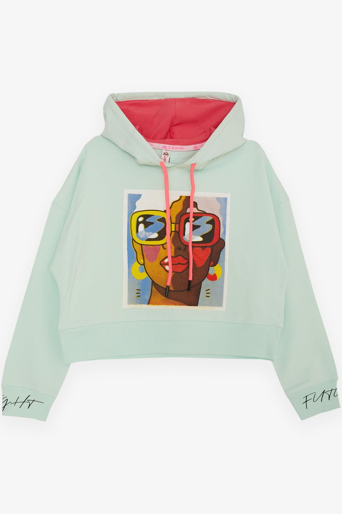 CEGISA Kız Çocuk Sweatshirt Gözlüklü Kız Figürlü Su Yeşili (7-10 Yaş)