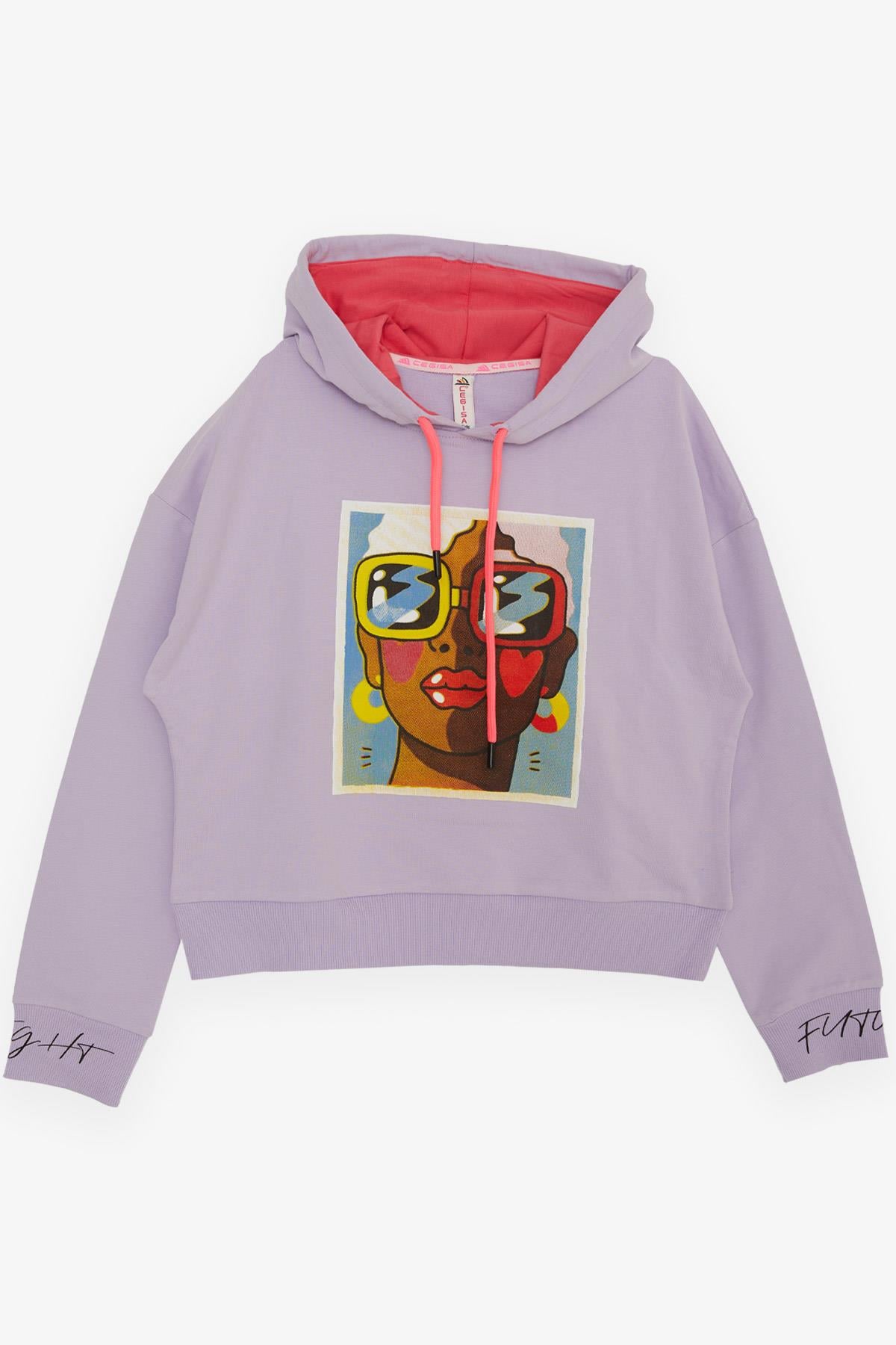 CEGISA Kız Çocuk Sweatshirt Gözlüklü Kız Figürlü Lila (11-14 Yaş)