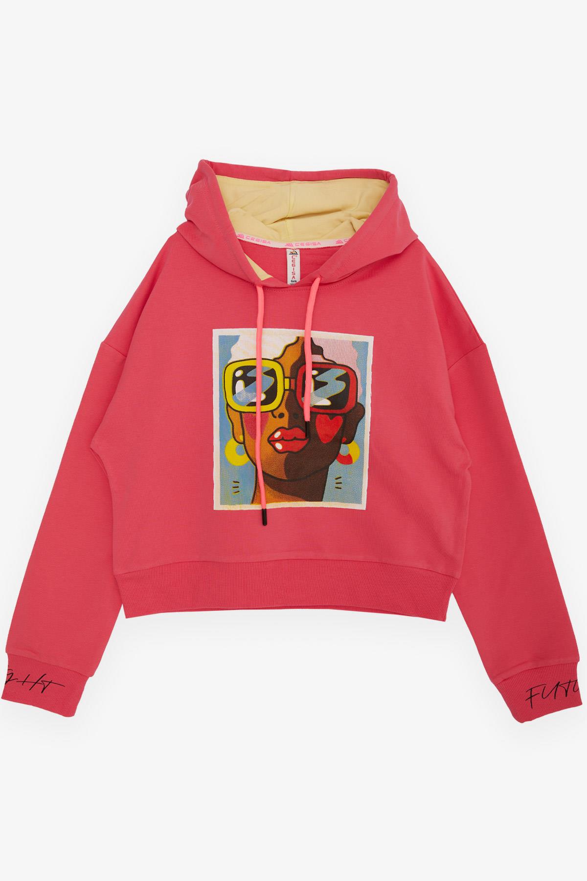 CEGISA Kız Çocuk Sweatshirt Gözlüklü Kız Figürlü Fuşya (11-14 Yaş)
