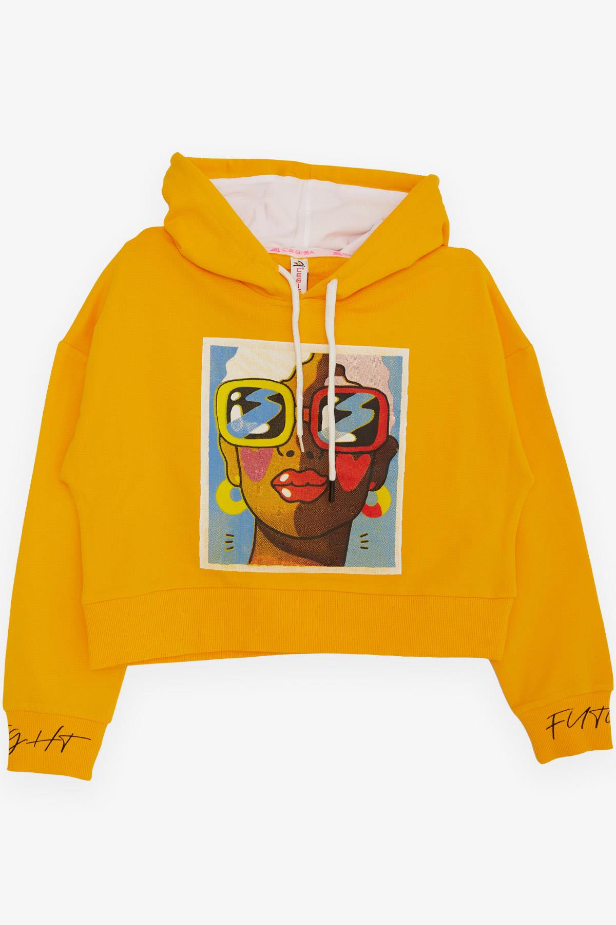 CEGISA Kız Çocuk Sweatshirt Gözlüklü Kız Figürlü Sarı (7-10 Yaş)