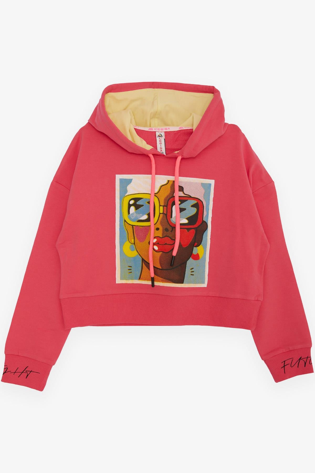 CEGISA Kız Çocuk Sweatshirt Gözlüklü Kız Figürlü Fuşya (7-10 Yaş)