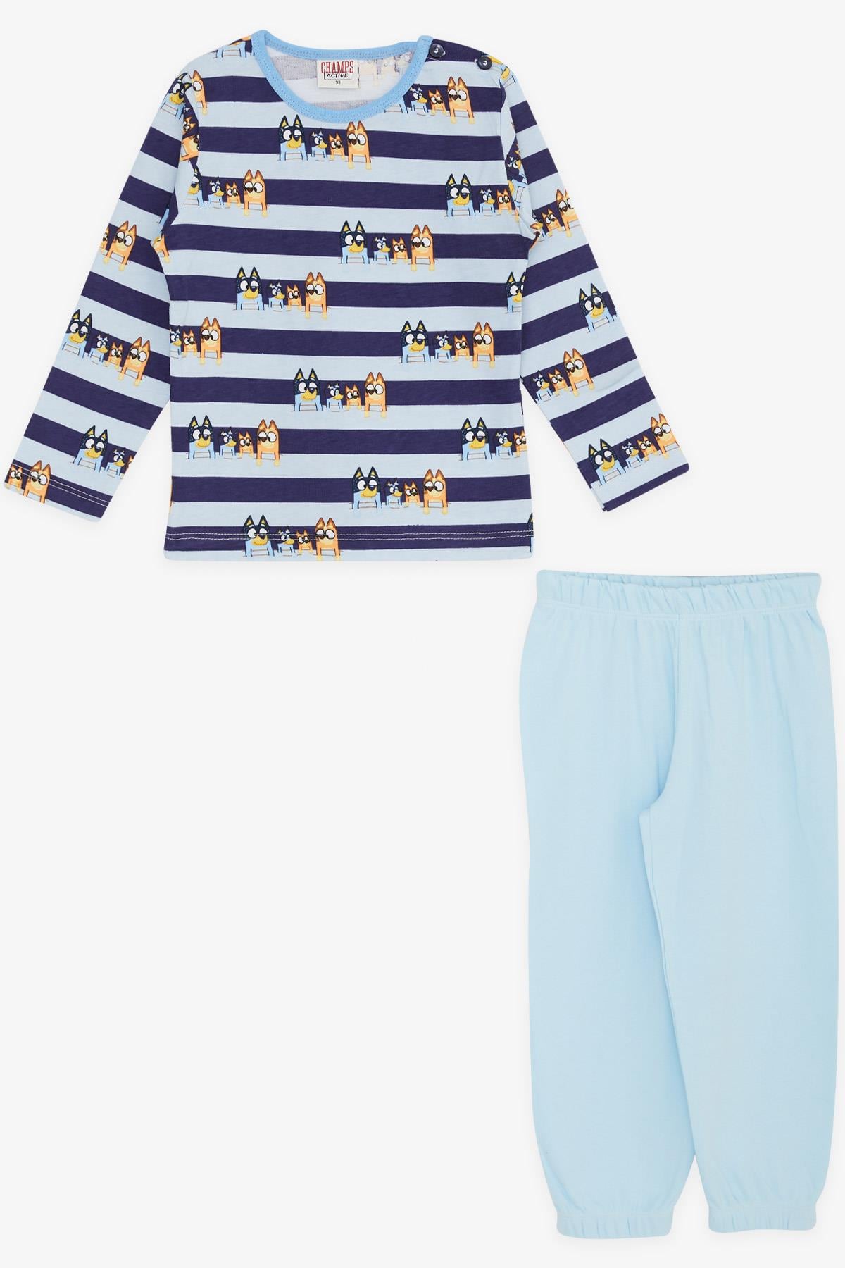 CHAMPS ACTİVE Erkek Bebek Pijama Takımı Sevimli Köpekcikler Desenli Şeritli Mavi (9 Ay-3 Yaş)