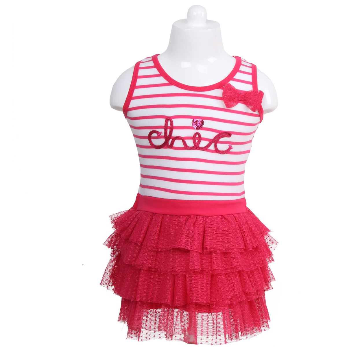 Kız Çocuk Elbise Çizgili Tüllü Fuşya (5 Yaş)