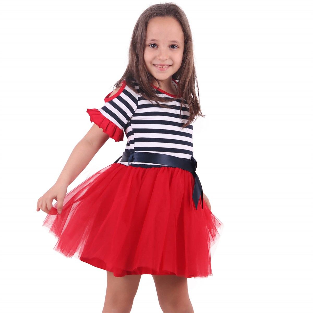Kız Çocuk Tüllü Elbise Çizgili Kırmızı-Lacivert (3-8 Yaş)