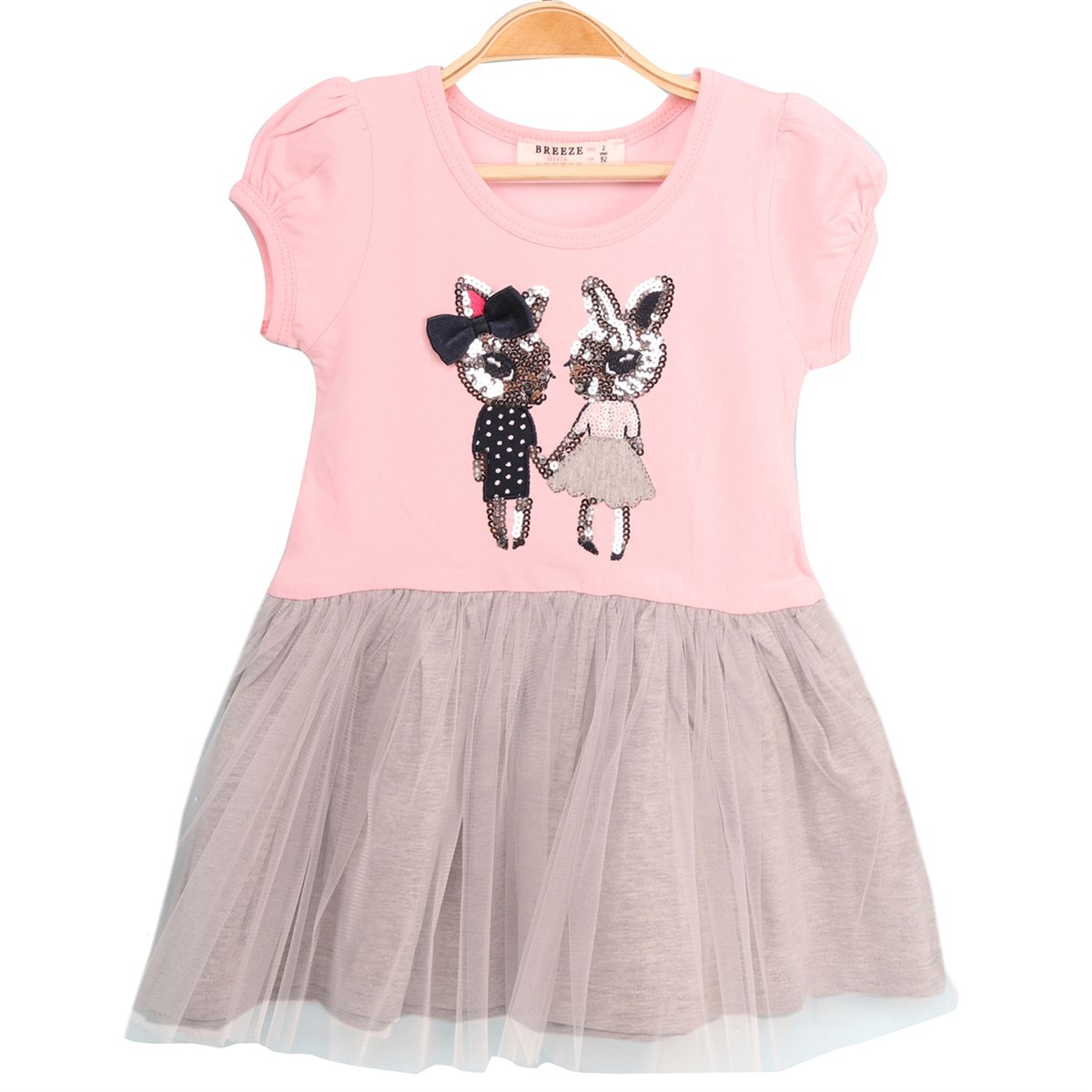 Kız Bebek Elbise Tavşanlı Pembe-Gri (2 Yaş)