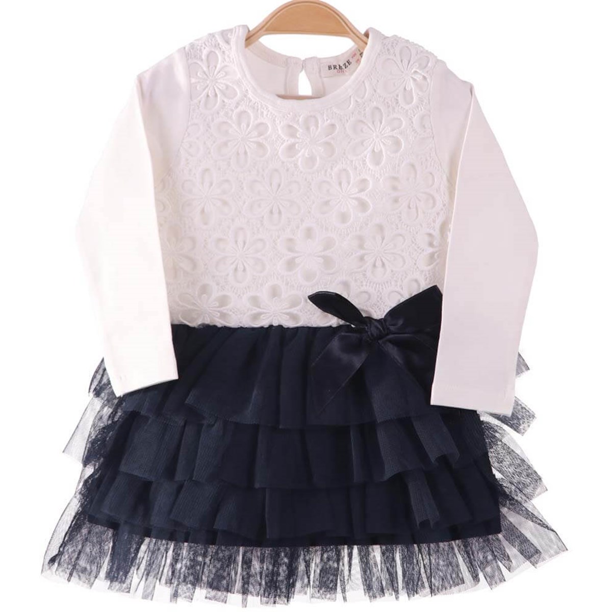 Kız Bebek Tüllü Elbise Dantelli Ekru-Lacivert (1 Yaş)