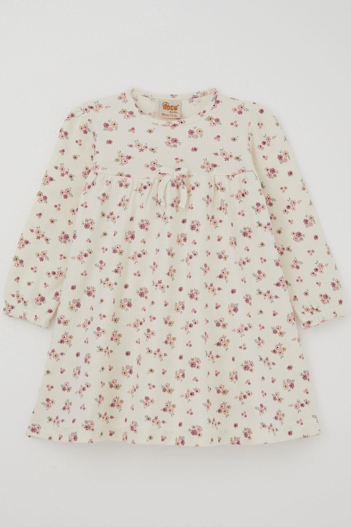 Deco Kız Çocuk Uzun Kollu Elbise Çiçek Desenli Fiyonk Aksesuarlı Ekru (2-5 Yaş)