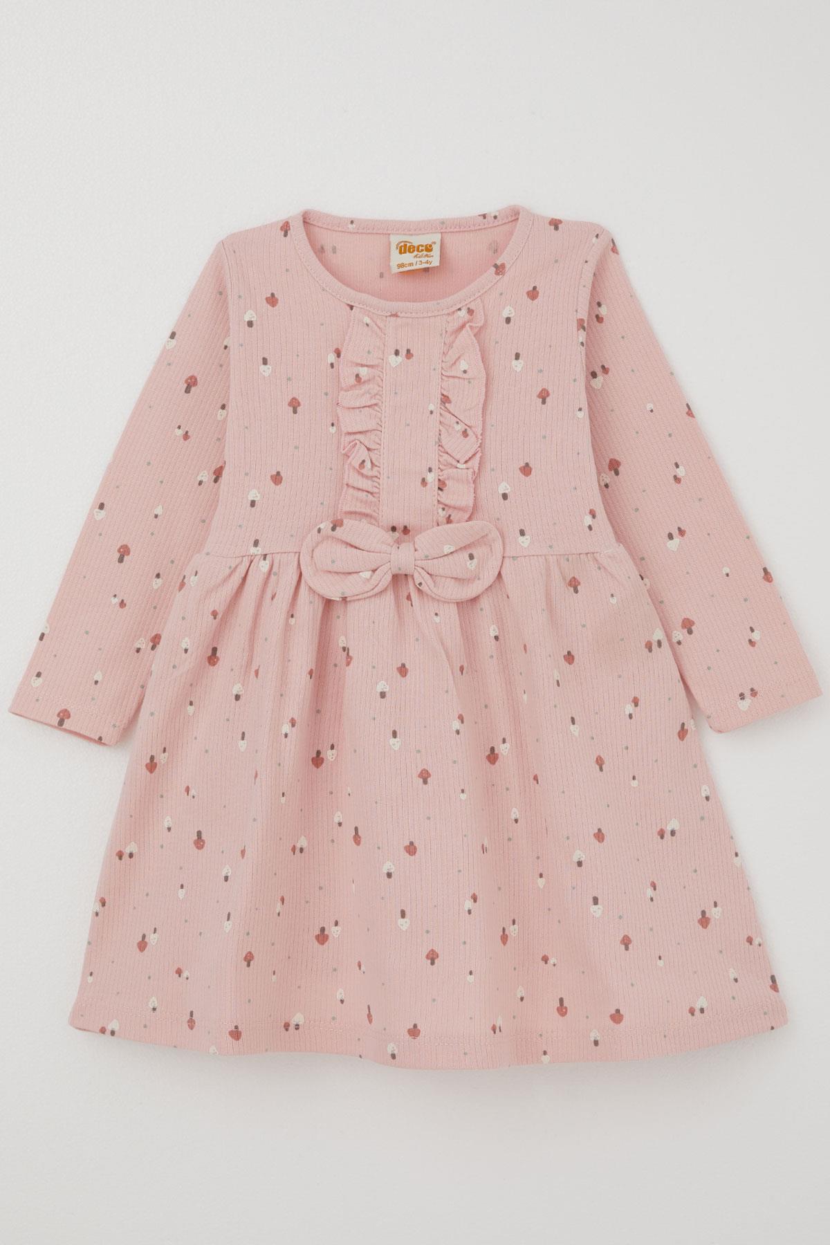 Deco Kız Çocuk Uzun Kollu Elbise Renkli Mantar Bahçesi Fiyonk Aksesuarlı Fırfırlı Pembe (2-5 Yaş)