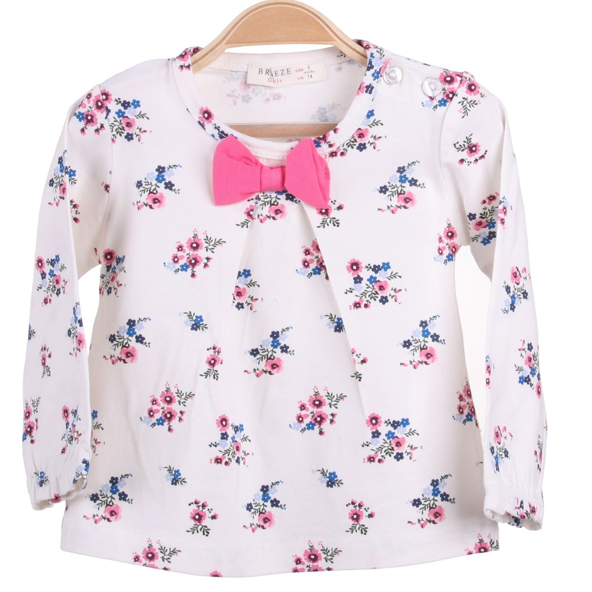 Kız Bebek Uzun Kollu Tişört Çiçek Desenli Ekru-Pembe (1.5 Yaş)