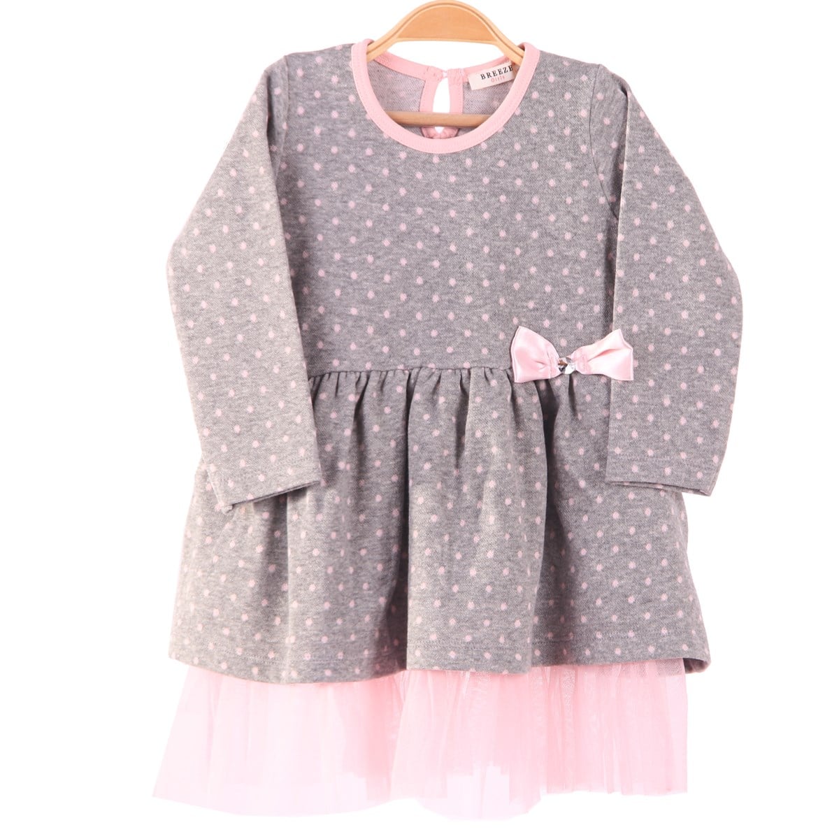 Kız Bebek Elbise Desenli Fiyonklu Gri-Pembe (1.5 Yaş)
