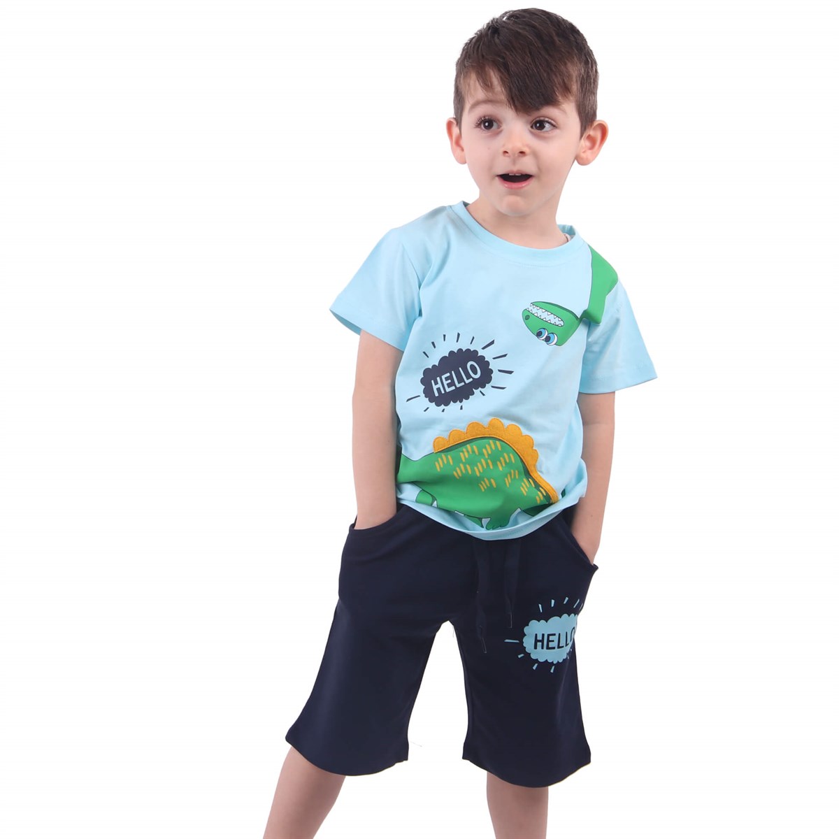 Erkek Çocuk Kapri Takım Dinazorlu Mavi (3 Yaş)