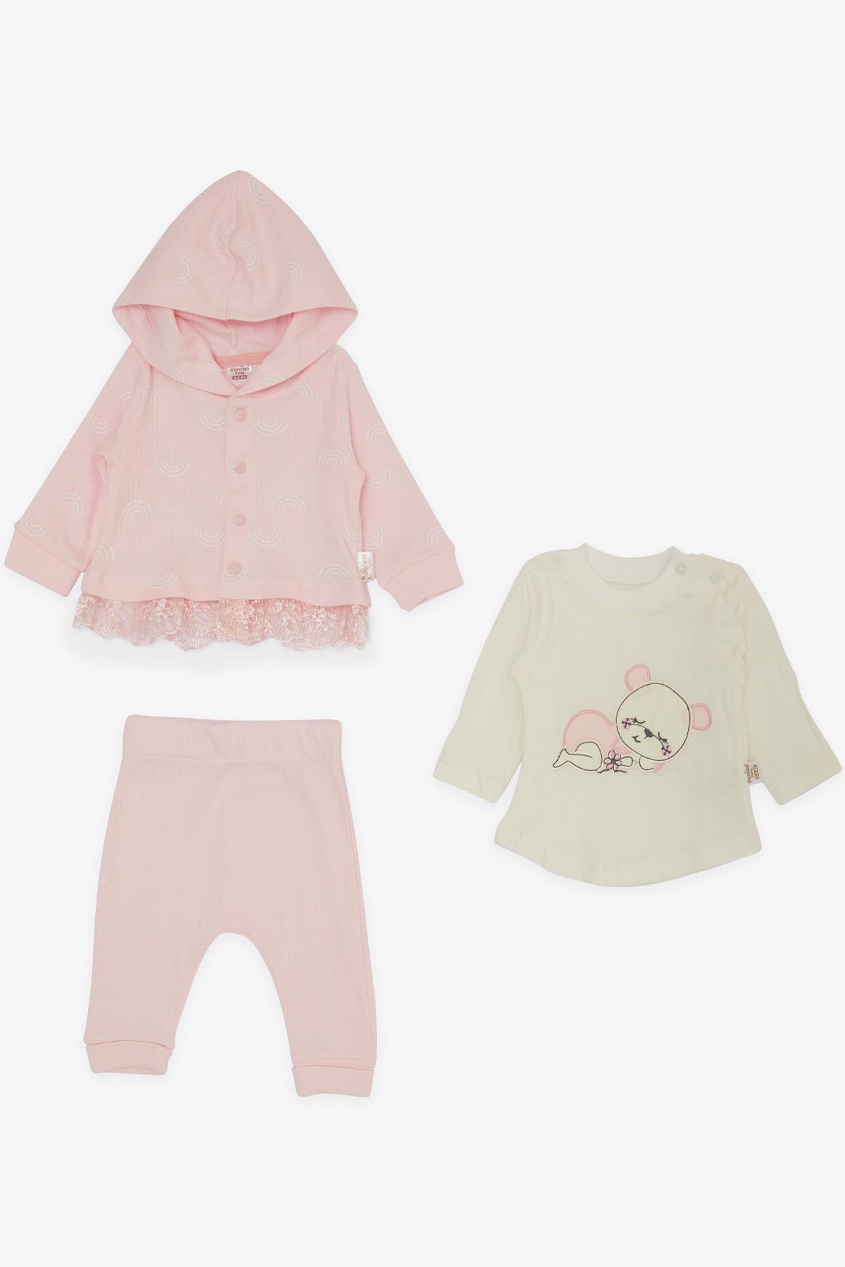 DONİNO Kız Bebek 3 lü Takım Uykucu Ayıcık Nakışlı Güpür Detaylı Pembe (0-9 Ay)