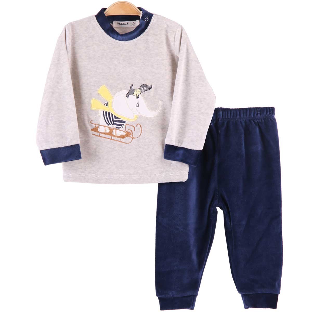 Erkek Bebek Kadife Pijama Takımı Fil Nakışlı Lacivert 3-9 Ay - Yumuşak  Kumaş | Breeze