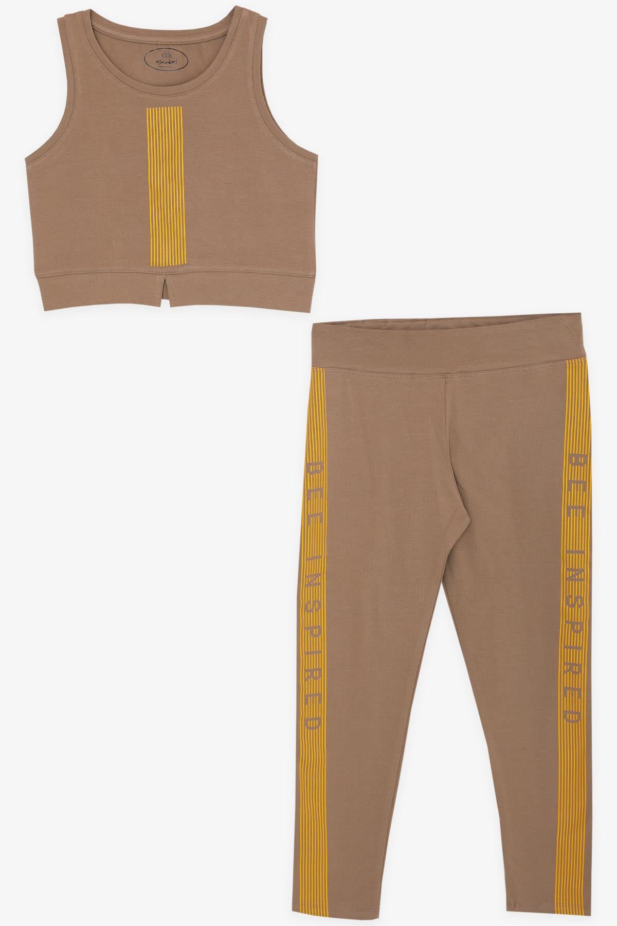 ESCABEL Kız Çocuk Crop Taytlı Takım Yazı Baskılı Açık Kahverengi (10-14 Yaş)