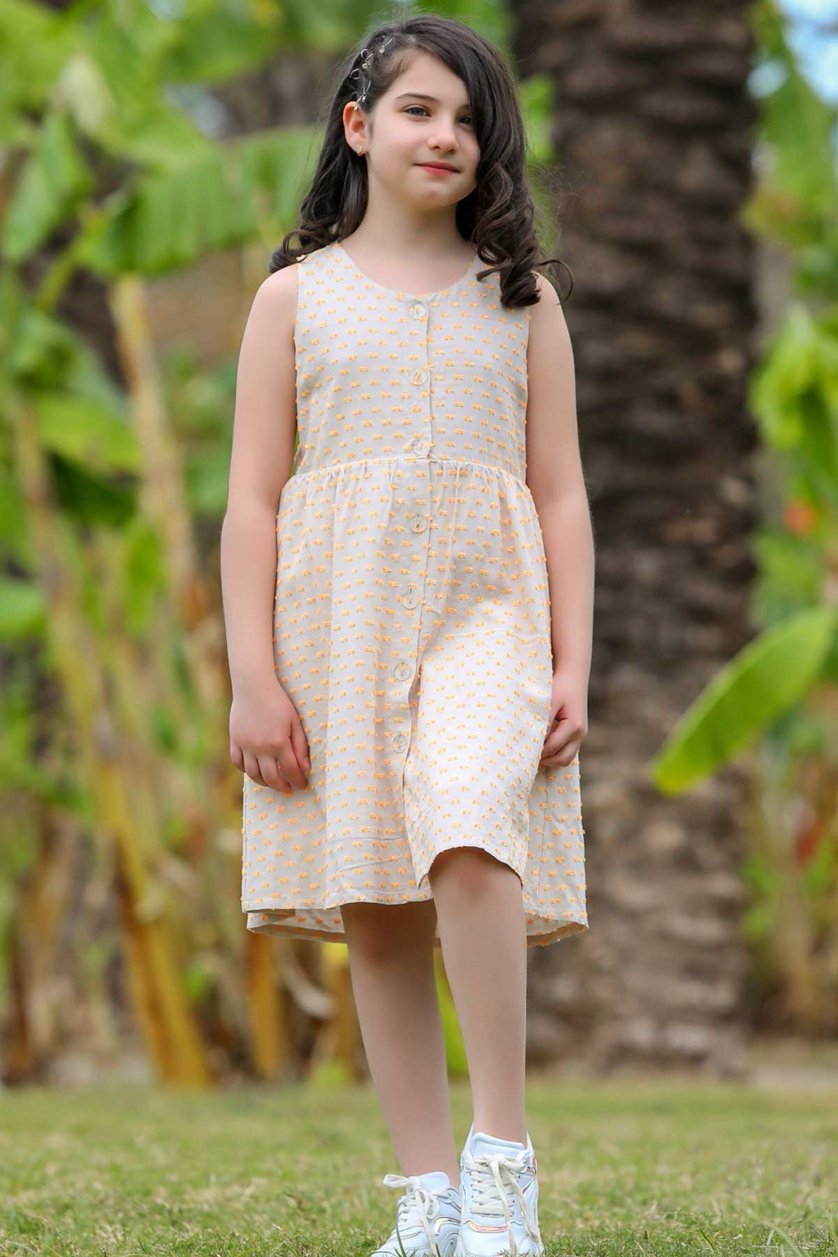 Kız Çocuk Elbise Önü Düğmeli Bej 9 Yaş - Yazlık Elbiseler | Breeze