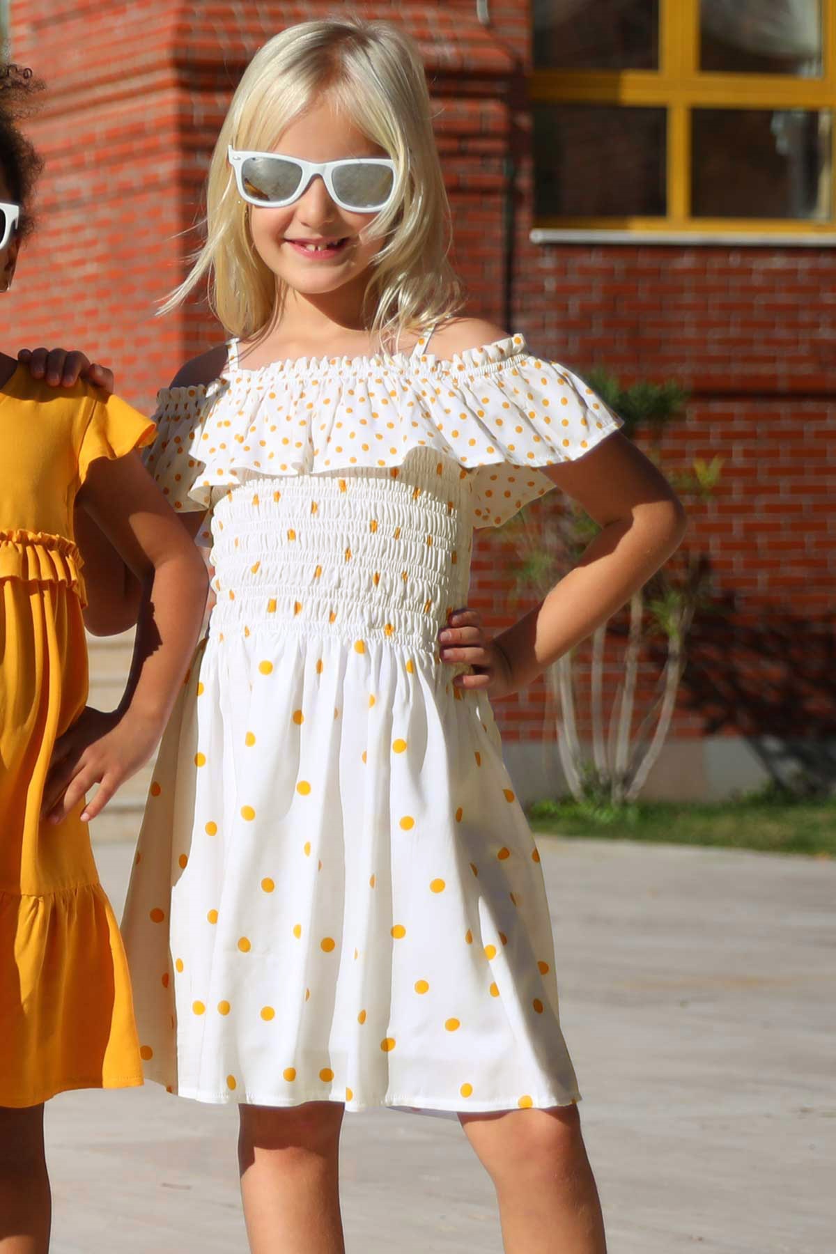 Kız Çocuk Elbise Puantiyeli Ekru 10-16 Yaş - Yazlık Elbiseler | Breeze