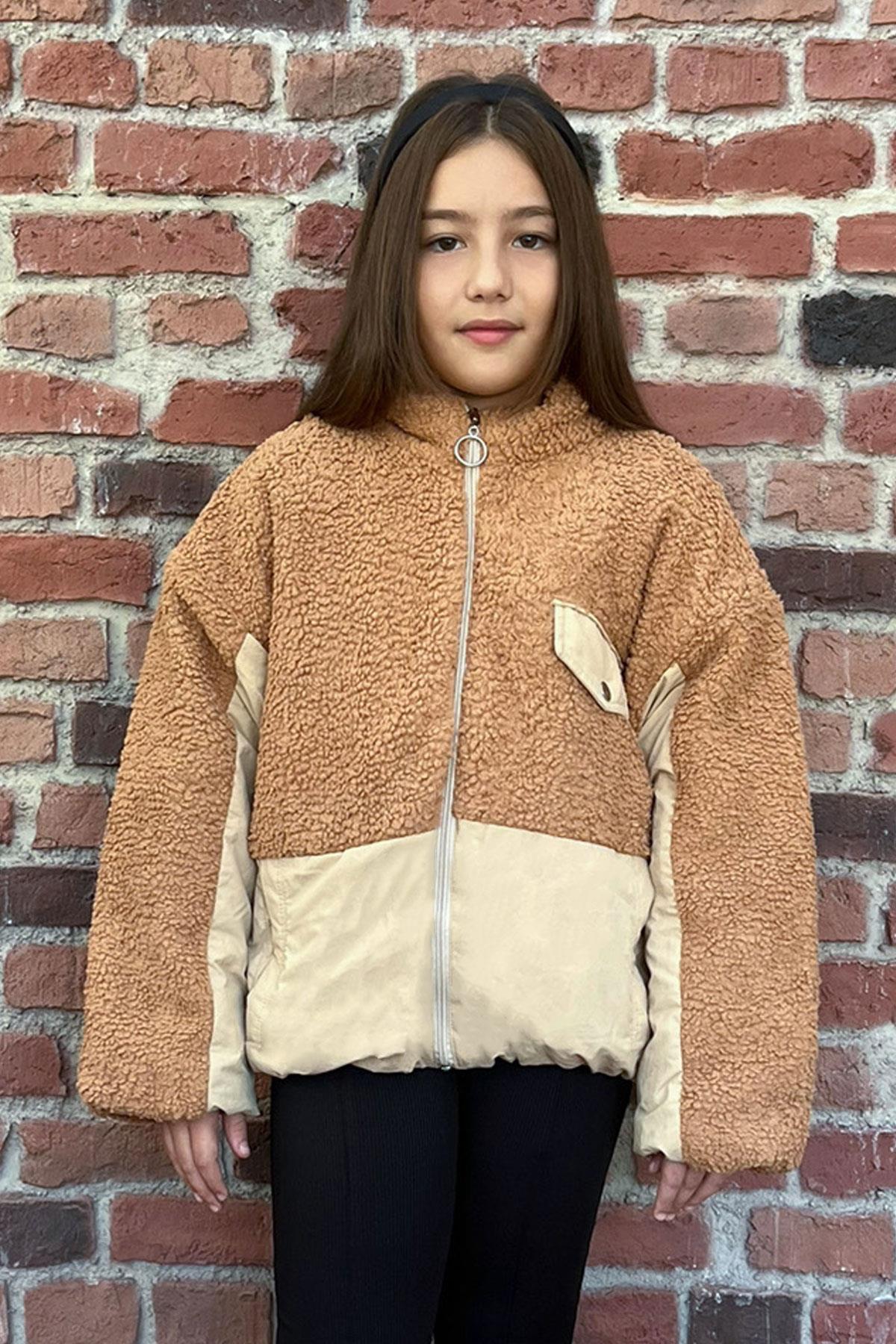 Escabel Kız Çocuk Mont Peluş Fermuarlı Cepli Kahverengi (12 Yaş)