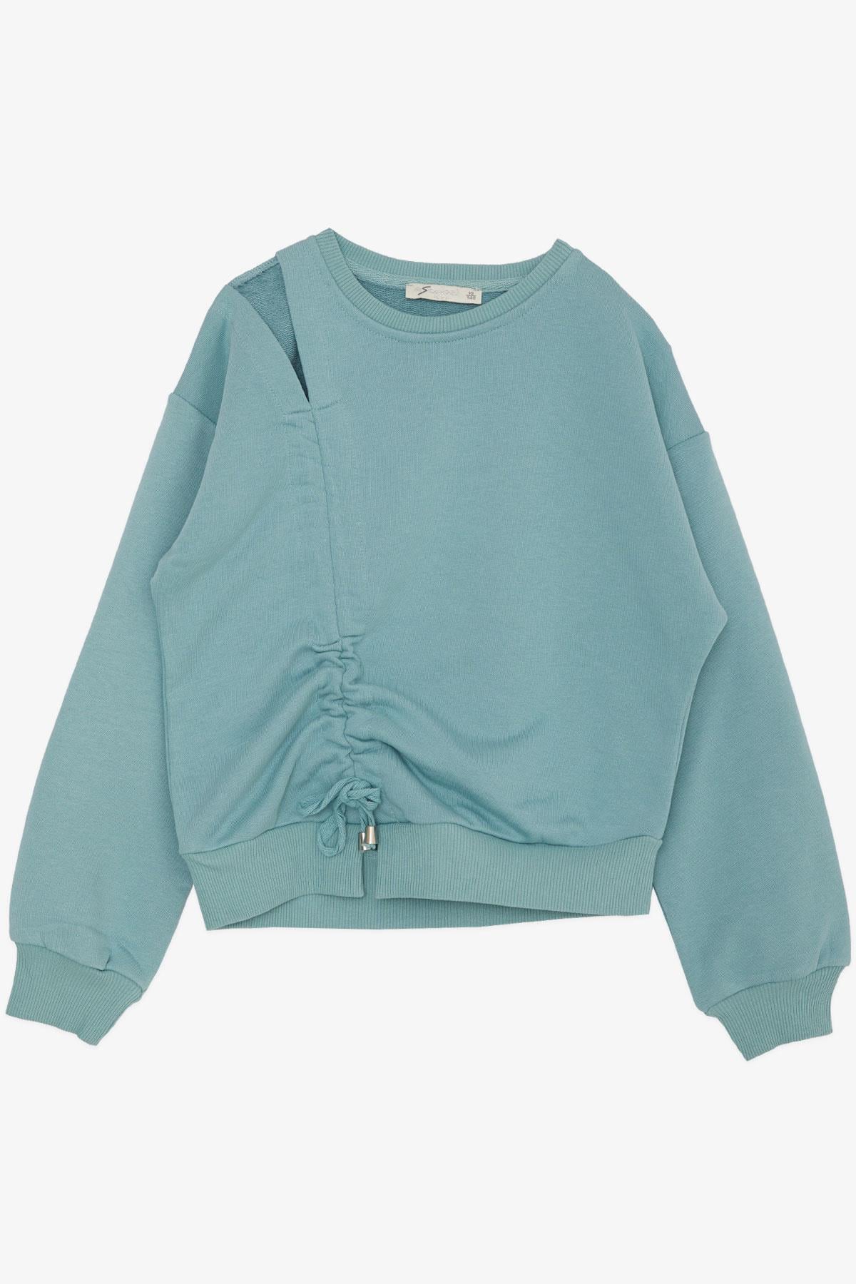 Escabel Kız Çocuk Sweatshirt Omuzu Açık Yanı Büzgülü Su Yeşili (10-14 Yaş)
