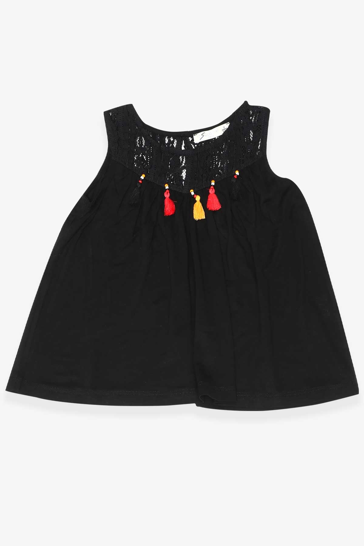 Escabel Kız Çocuk Tişört Püskül Aksesuarlı Dantelli Siyah (5-8 Yaş)