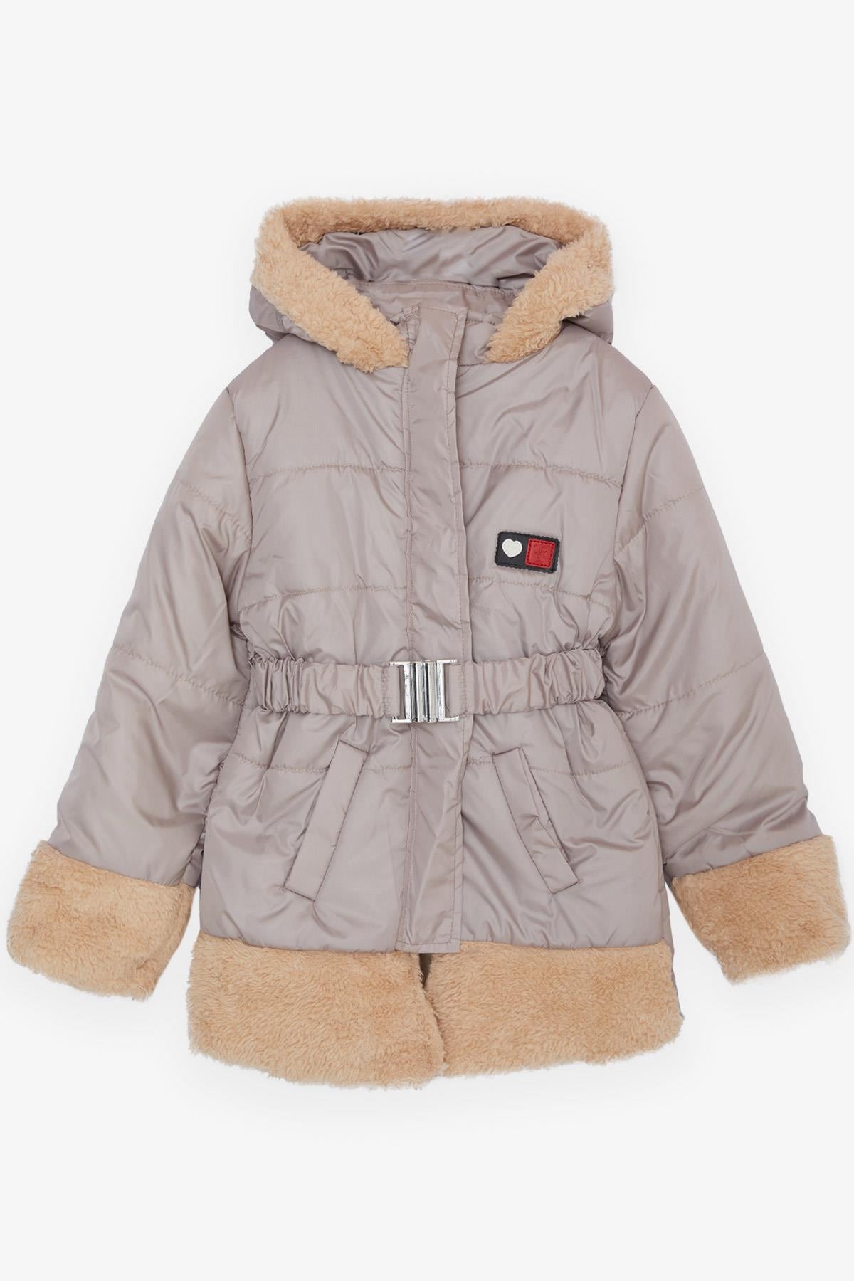 ESSO MANDOLİN Kız Çocuk Mont Kemerli Armalı Peluşlu Vizon (6-10 Yaş)