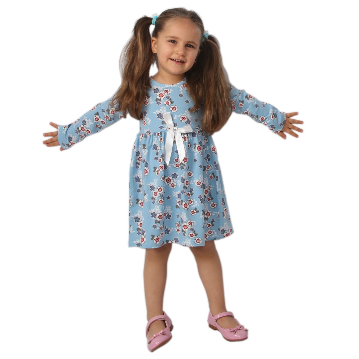 Kız Bebek Elbise Fiyonklu Desenli Mavi (1 Yaş)