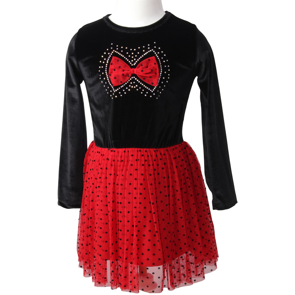 Kız Çocuk Kadife Elbise Fiyonklu Kırmızı-Siyah (2-3 Yaş)