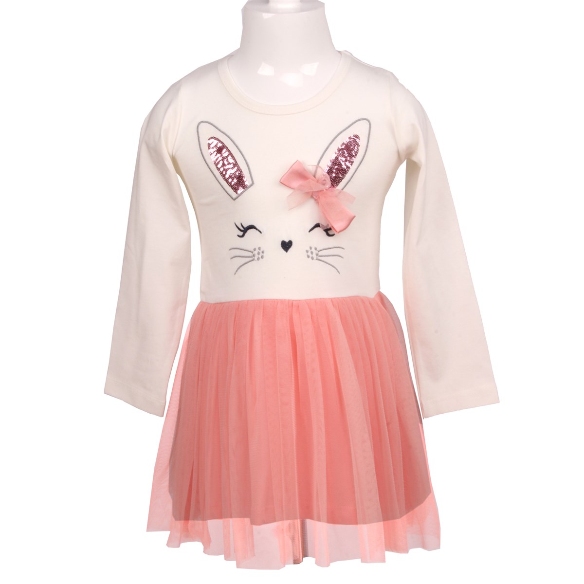 Kız Bebek Elbise Kedili Tüllü Ekru-Somon (2 Yaş)