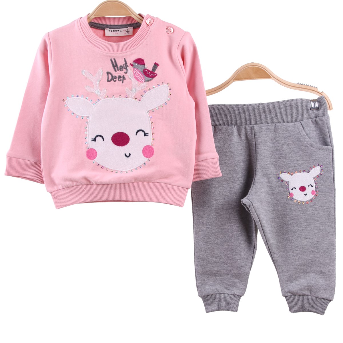 Kız Bebek Eşofman Takımı Geyik Nakışlı Pembe (9 Ay-3 Yaş)
