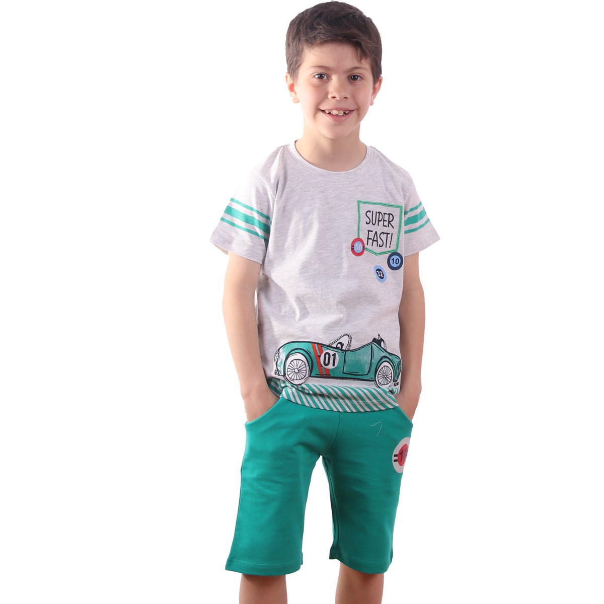 Erkek Bebek Şort Takım Arabalı Yeşil (1.5 Yaş)