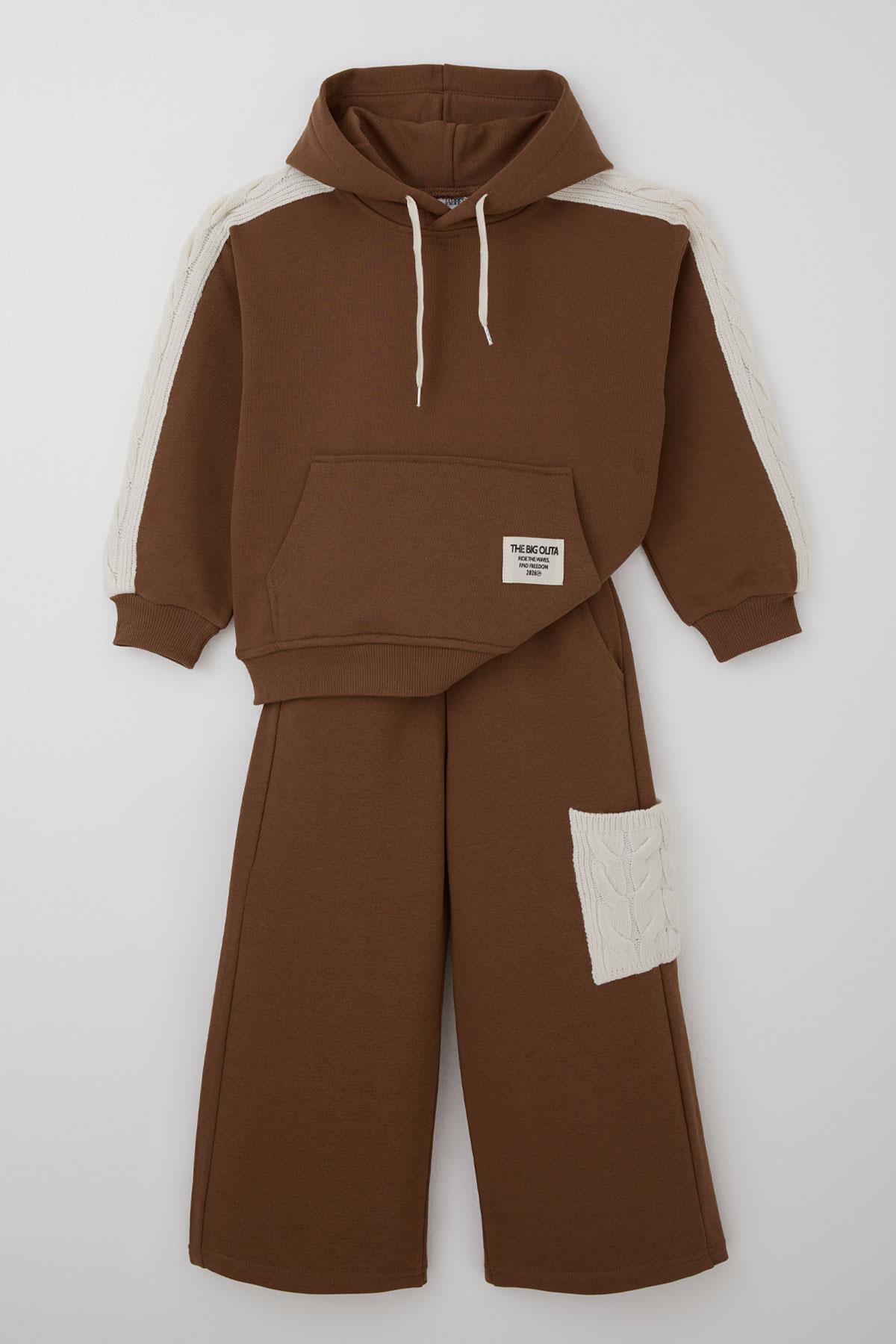 Jabber Kız Çocuk Eşofman Takımı Triko Detaylı Kapüşonlu Bağcıklı Kahverengi (4-12 Yaş)