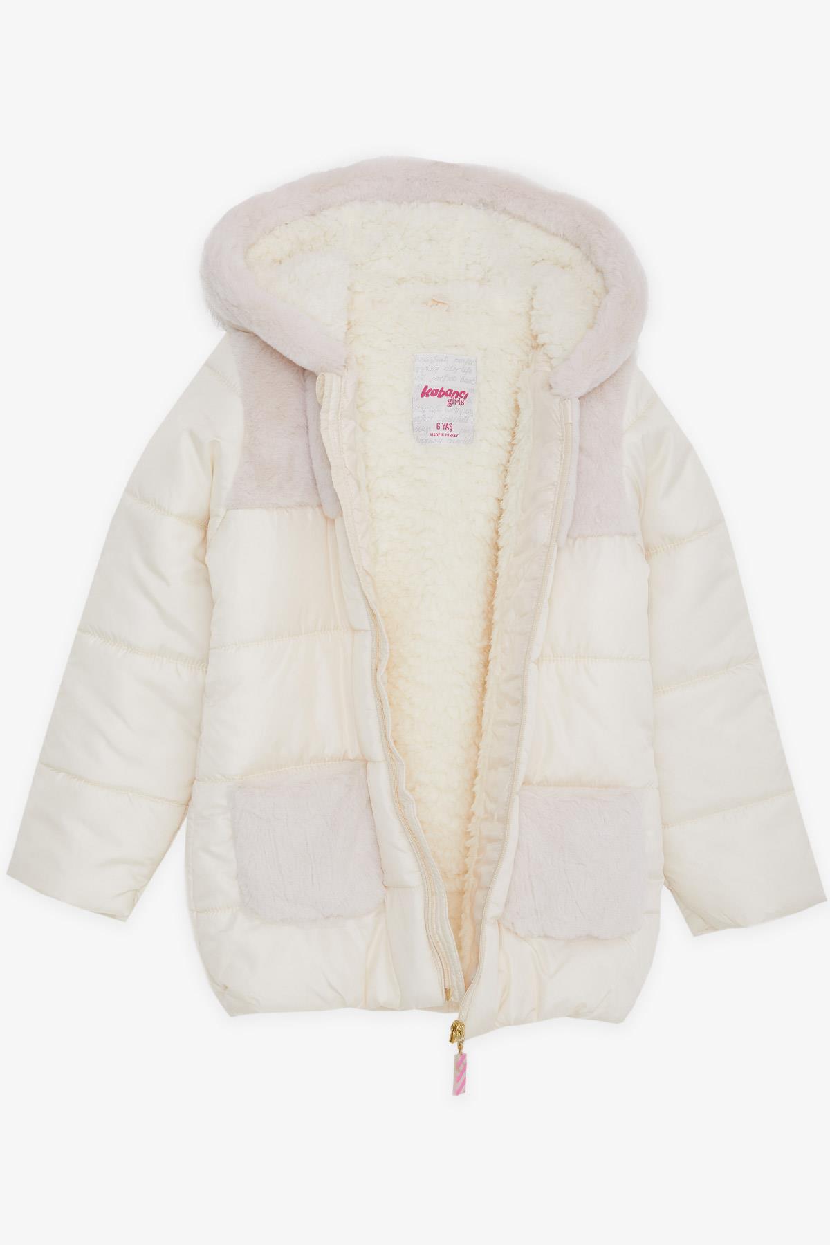 KABANCI Kız Çocuk Mont Cebi Kapüşonu Kürklü Ekru (6-9 Yaş)
