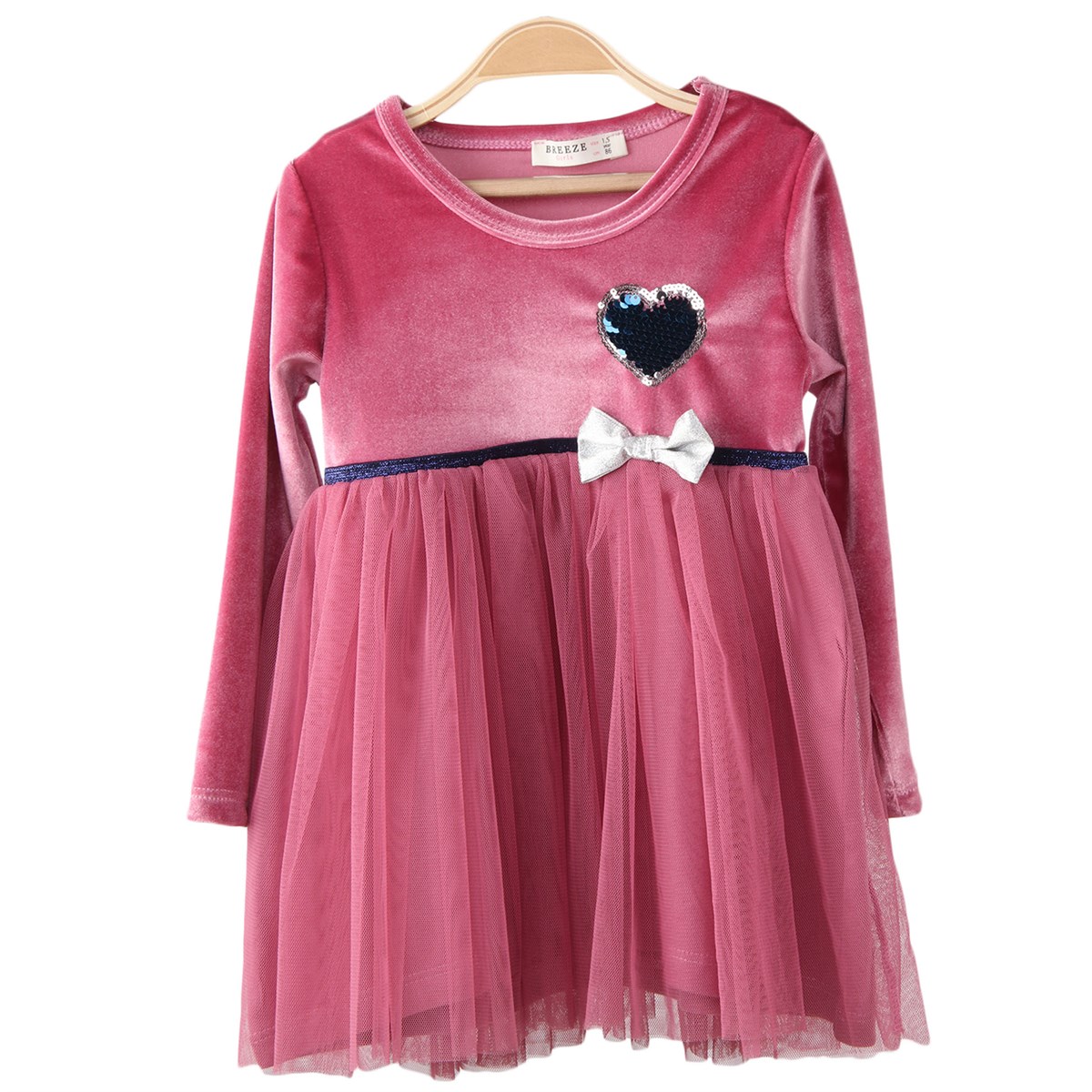 Kız Bebek Kadife Elbise Kalpli Tüllü Pembe (1.5 Yaş)