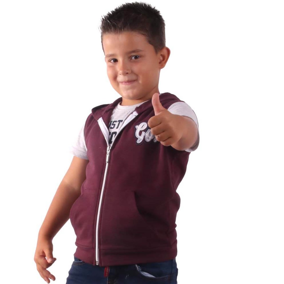Erkek Çocuk Yelek Kapşonlu Mürdüm (3-8 Yaş)