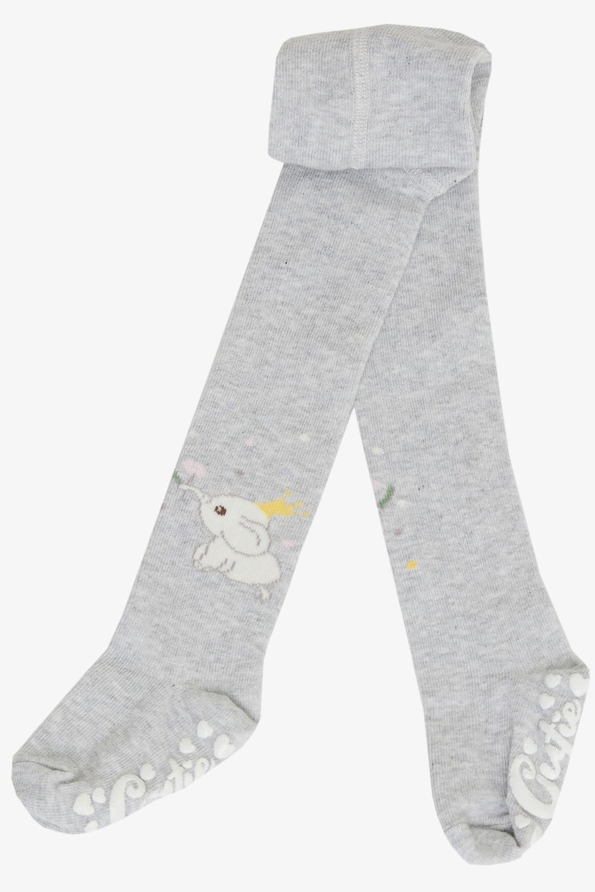 Katamino Kız Bebek Külotlu Çorap Sevimli Kral Fil Baskılı Abs li Açık Gri Melanj (6-24 Ay)
