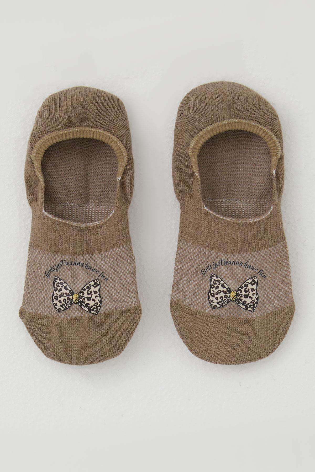 Katamino Kız Çocuk Babet Çorap Fiyonk Baskılı Kahverengi (5-14 Yaş)