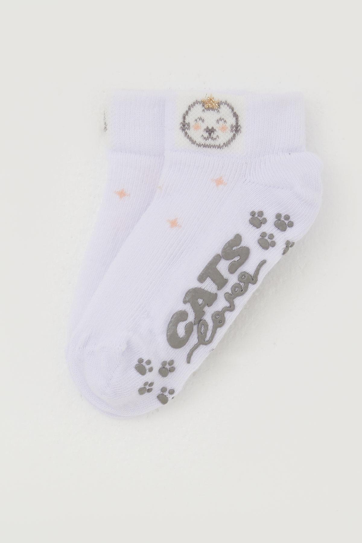 Katamino Kız Çocuk Çorap Abs li Sevimli Ayıcık Baskılı Beyaz (1-6 Yaş)