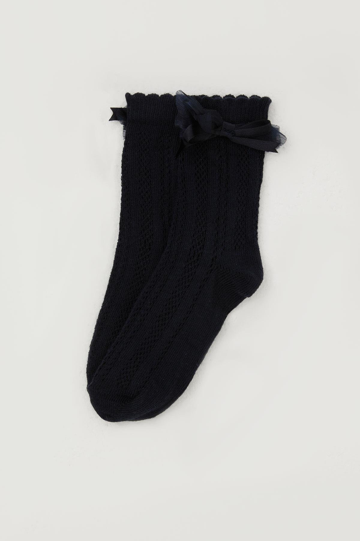 Katamino Kız Çocuk File Soket Çorap Bilek Kısmı Fiyonk Aksesuarlı Lacivert (7-8 Yaş)
