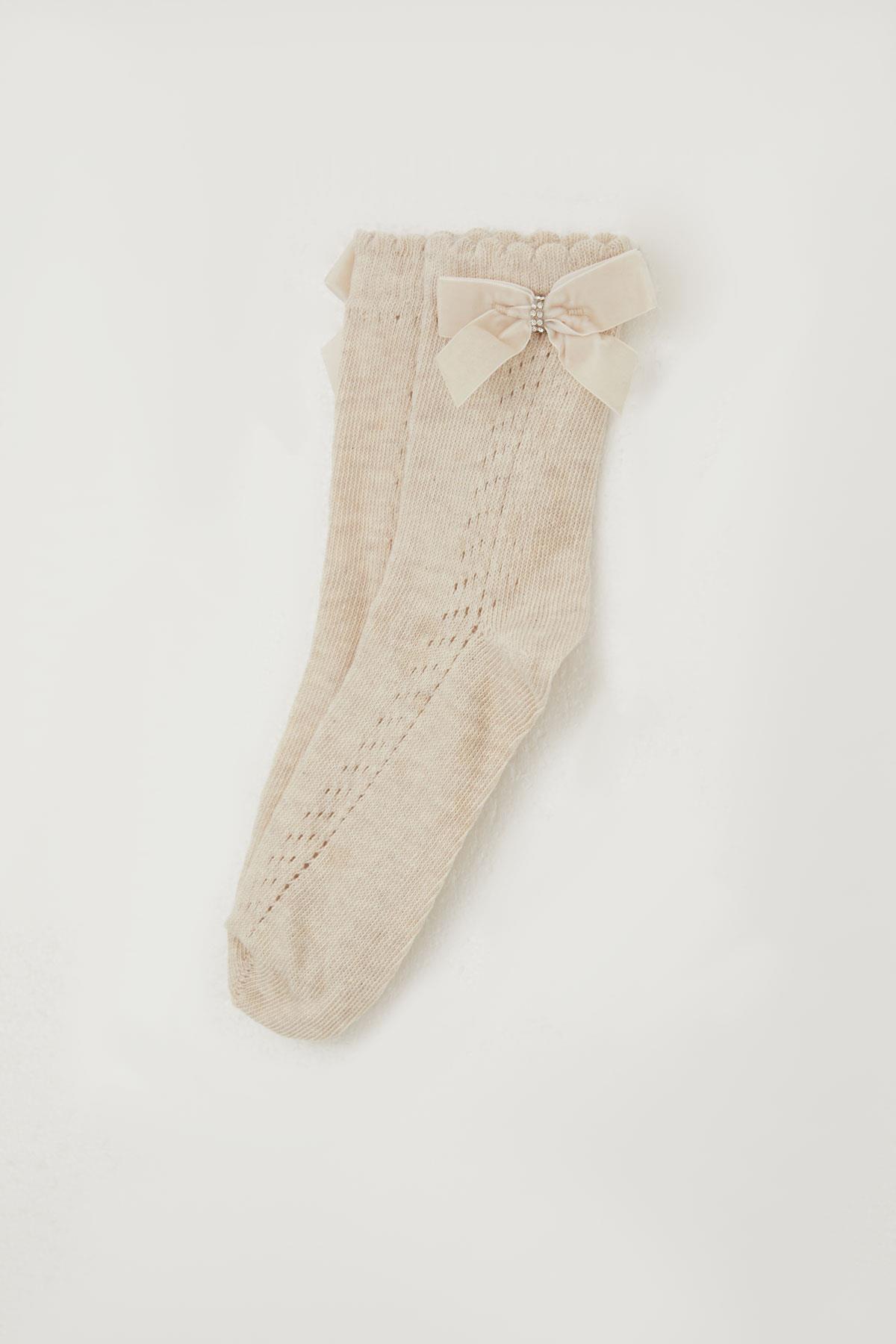 Katamino Kız Çocuk File Soket Çorap Bilek Kısmı Fiyonk Aksesuarlı Taşlı Bej Melanj (9-12 Yaş)