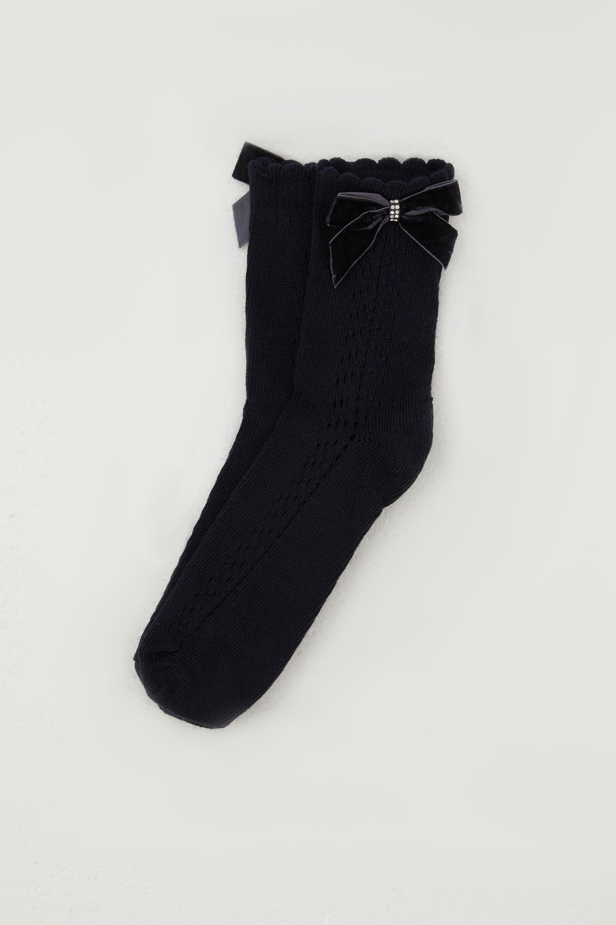 Katamino Kız Çocuk File Soket Çorap Bilek Kısmı Fiyonk Aksesuarlı Taşlı Lacivert (9-12 Yaş)