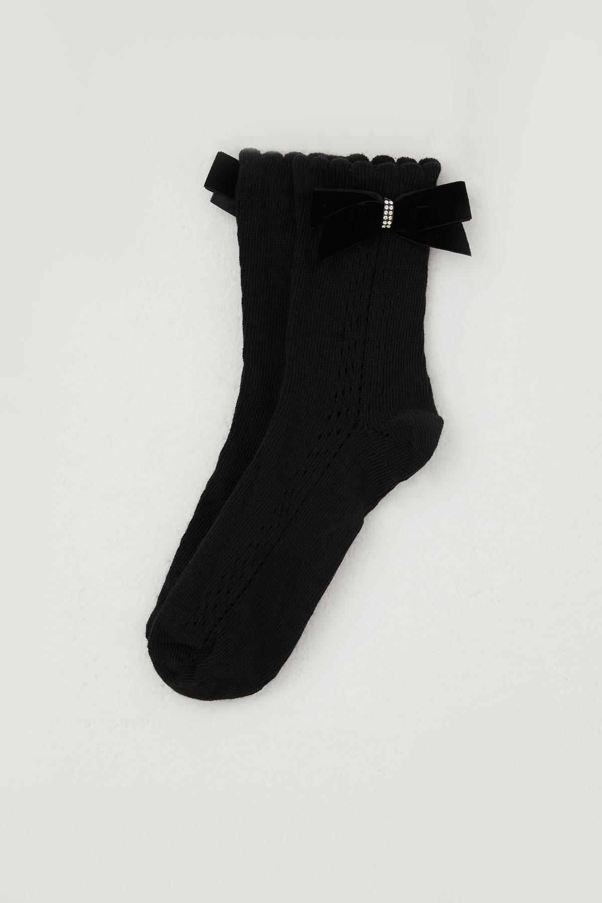 Katamino Kız Çocuk File Soket Çorap Bilek Kısmı Fiyonk Aksesuarlı Taşlı Siyah (9-12 Yaş)